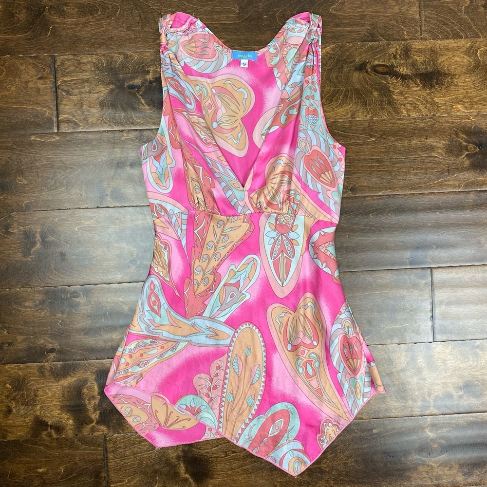 Paisley Floral Y2K 100% Silk Pink Top Sz S